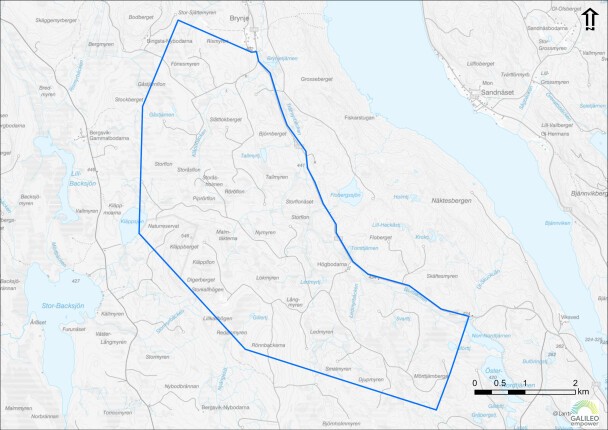 Karta över projektområde Brynje. Här finns god potential för vindkraft.